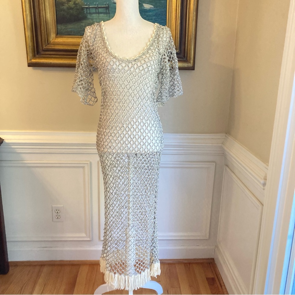 ZARA Cream Black Metallic Open Knit Woven Midi Swim Cover Dress